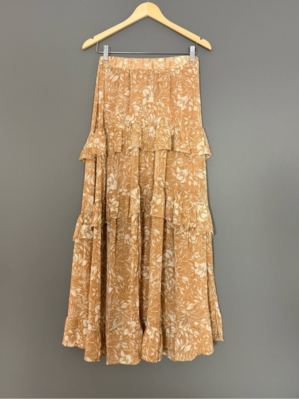 Promesa Floral Tiered Ruffle Maxi Skirt Tan Cream Boho Womens Small - Picture 1 of 8